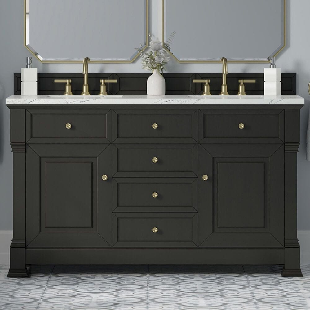 James Martin Vanities Brookfield 60&quot; Double Bathroom Vanity in Black Onyx with 3 cm Ethereal Noctis Quartz Top and Rectangular Sinks, , large