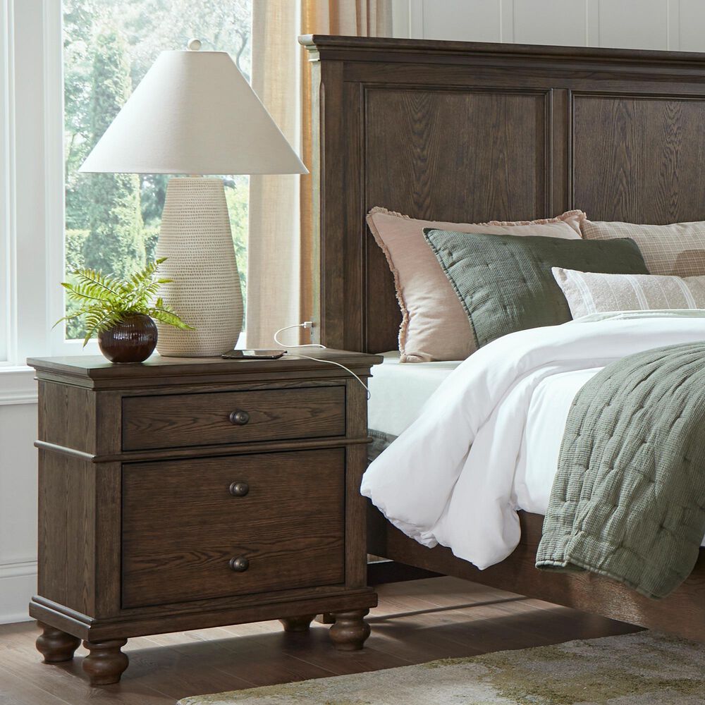 Riva Ridge Oxford King Panel Storage Bed with Two Nightstands in Cocoa with AC Outlets and USB Ports, , large