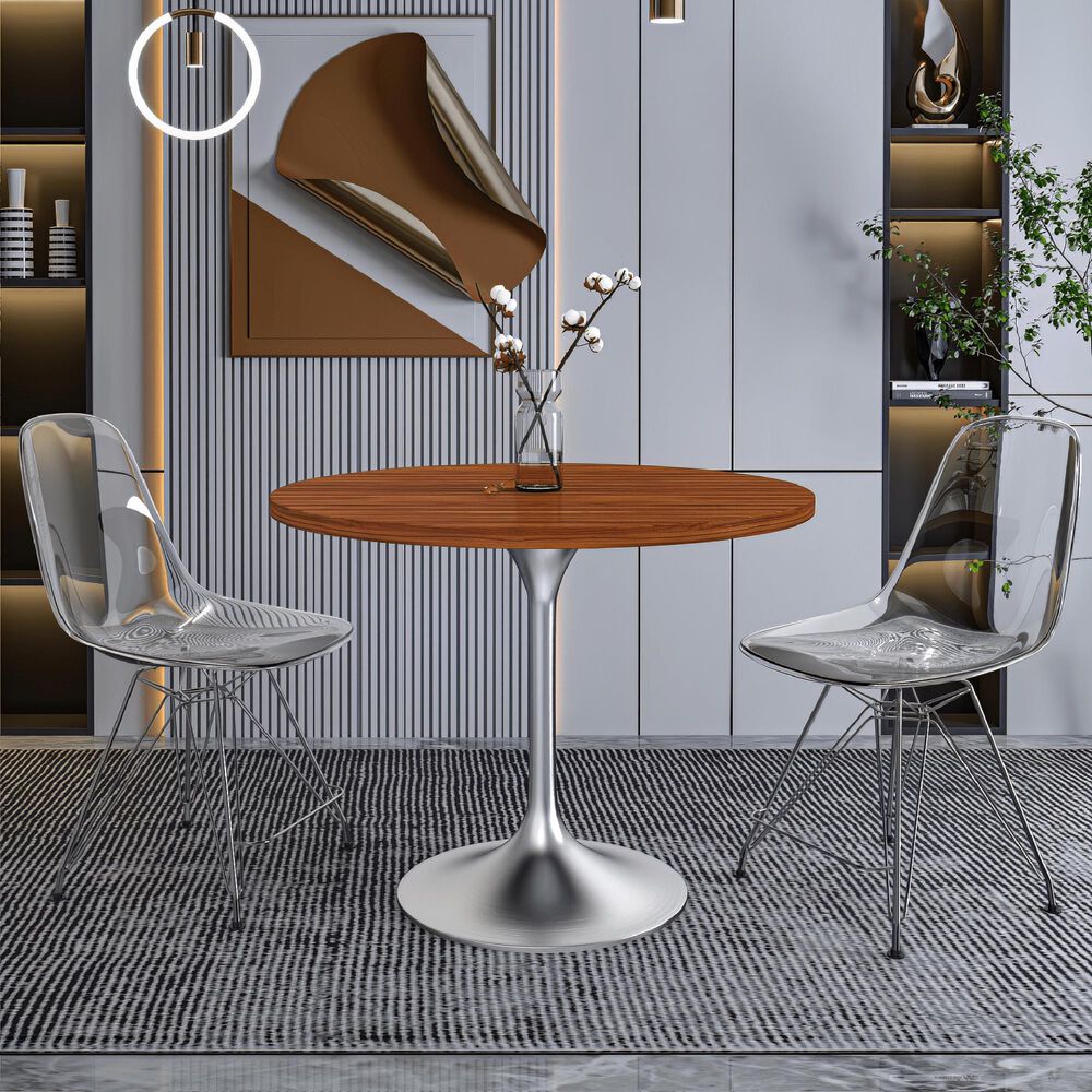 Leisuremod LeisureMod Verve Collection 36 Round Dining Table, Brushed Chrome Base with Cognac Brown MDF Top, , large