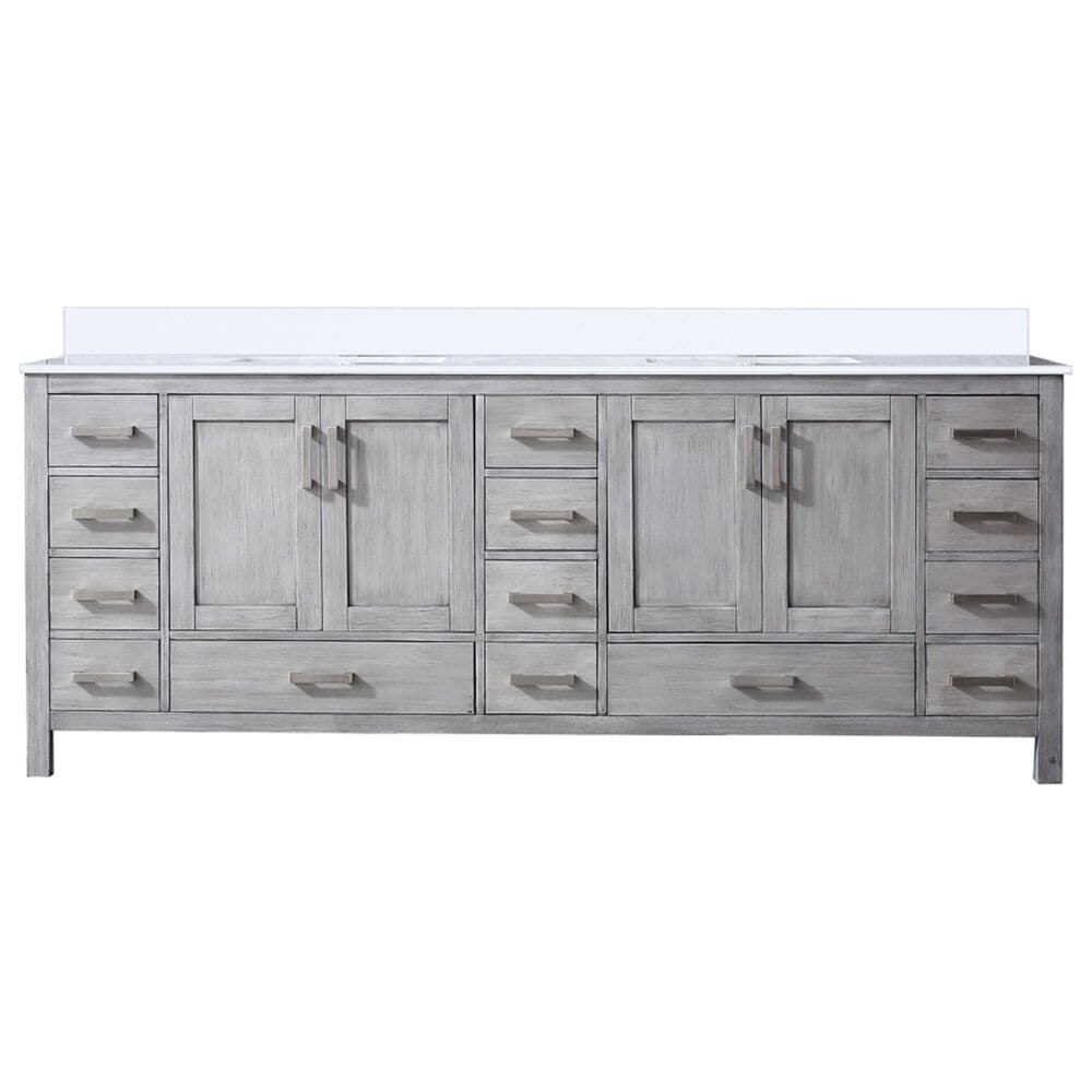 Lexora Home Jacques 84" Double Bathroom Vanity in Distressed Grey with 2 cm White Cultured Marble Top and Rectangular Sinks, , large