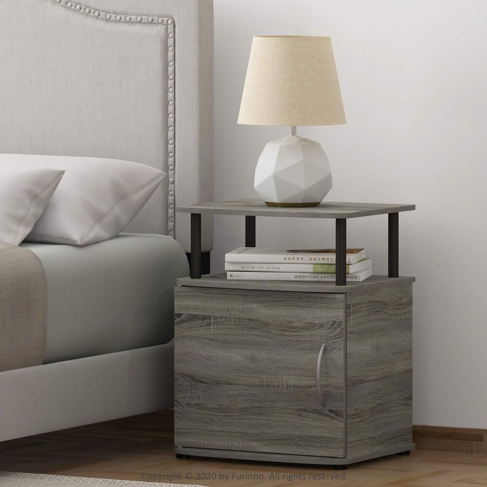 HOMLUX 3-Tier Utility Design End Table with Door in French Oak Grey and Black (Set of 2), , large