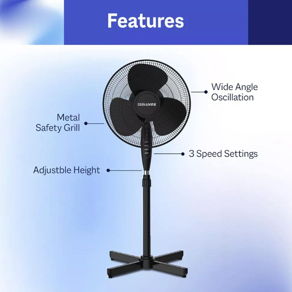 Cool-Living 16" 3-Speed Oscillating Pedestal Fan with Adjustable Height &amp; Tilt in Black, , large