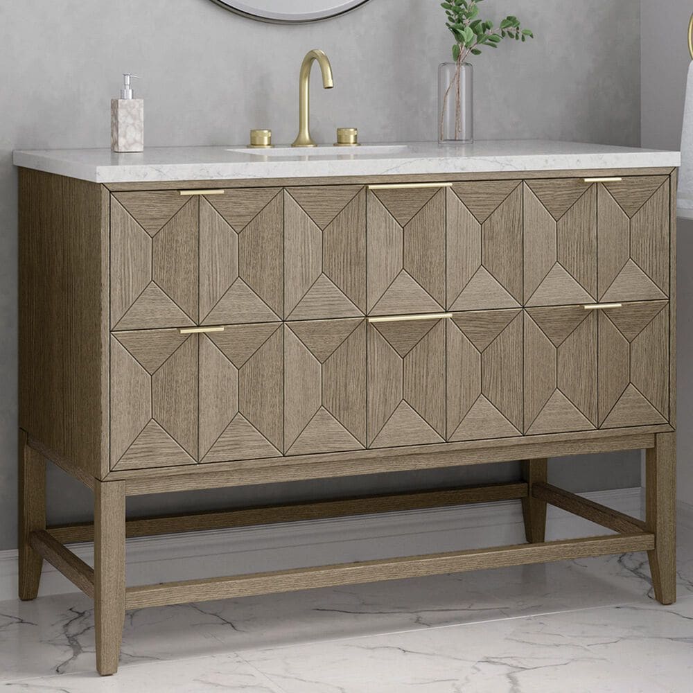 James Martin Vanities Emmeline 48&quot; Single Vanity in Pebble Oak with 3 cm Eternal Jasmine Pearl Quartz Top, , large