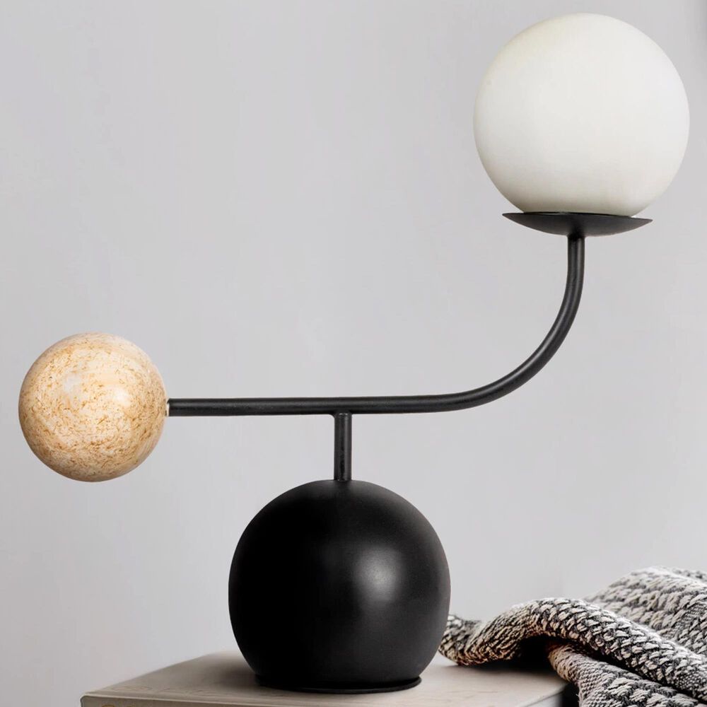 Teak Interiors Metal Table Lamp with Frosted Glass Globe, Wood Orb, Inline Switch in Matte Black and Patina, , large