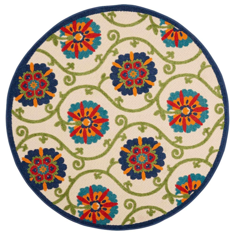 Nourison Aloha ALH19 4" Round Blue and Multicolor Indoor/Outdoor Area Rug, , large