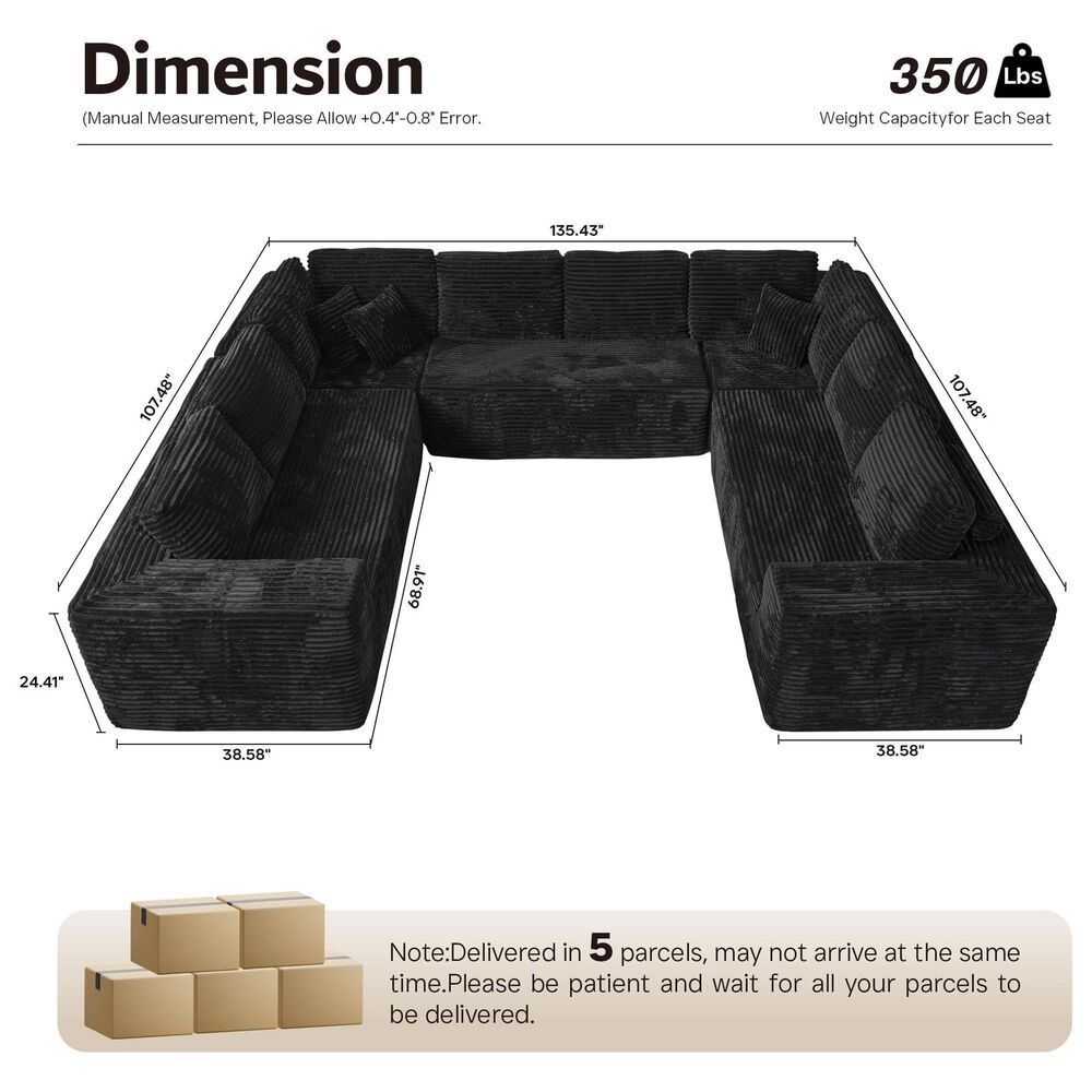 HOMLUX Modular Floor Sofa with Plush Corduroy, U-Shaped Sectional Couch with Chaise in Black, , large
