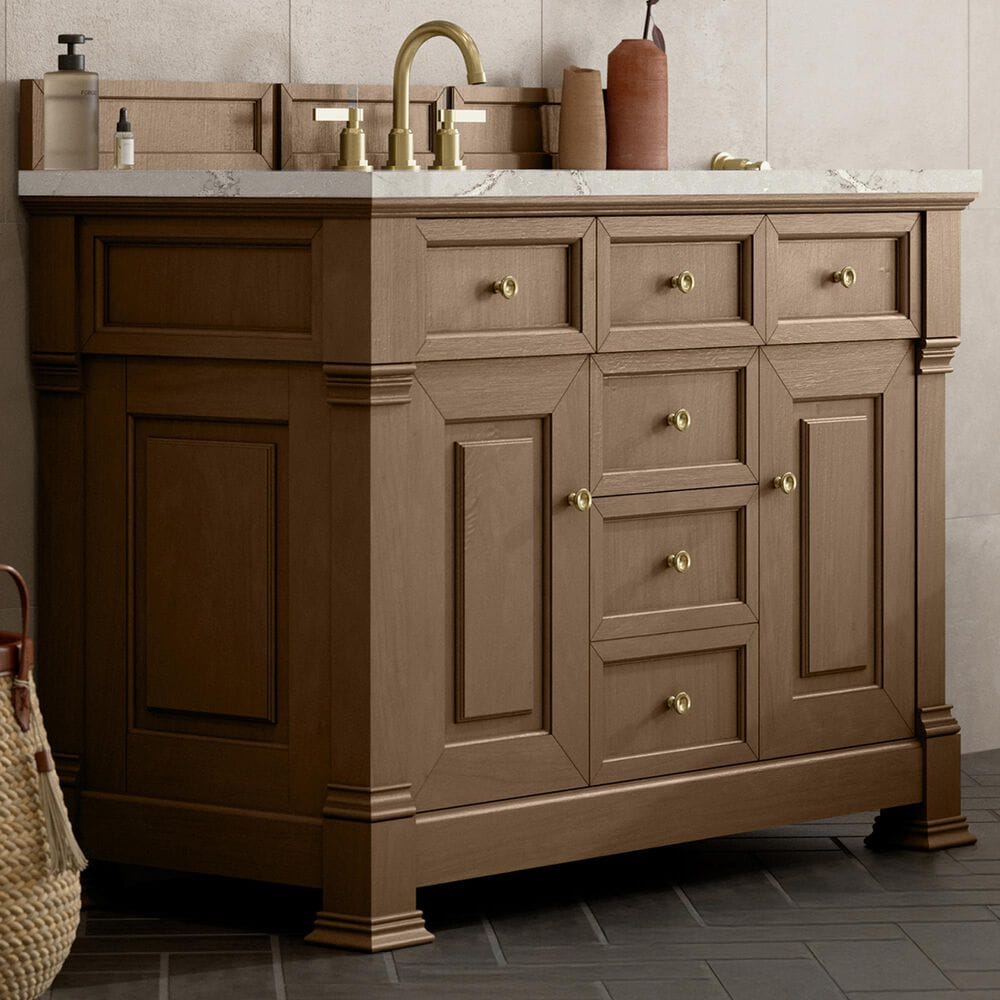 James Martin Vanities Brookfield 48" Single Bathroom Vanity in Pecan with 3 cm Victorian Silver Quartz Top and Rectangular Sink, , large