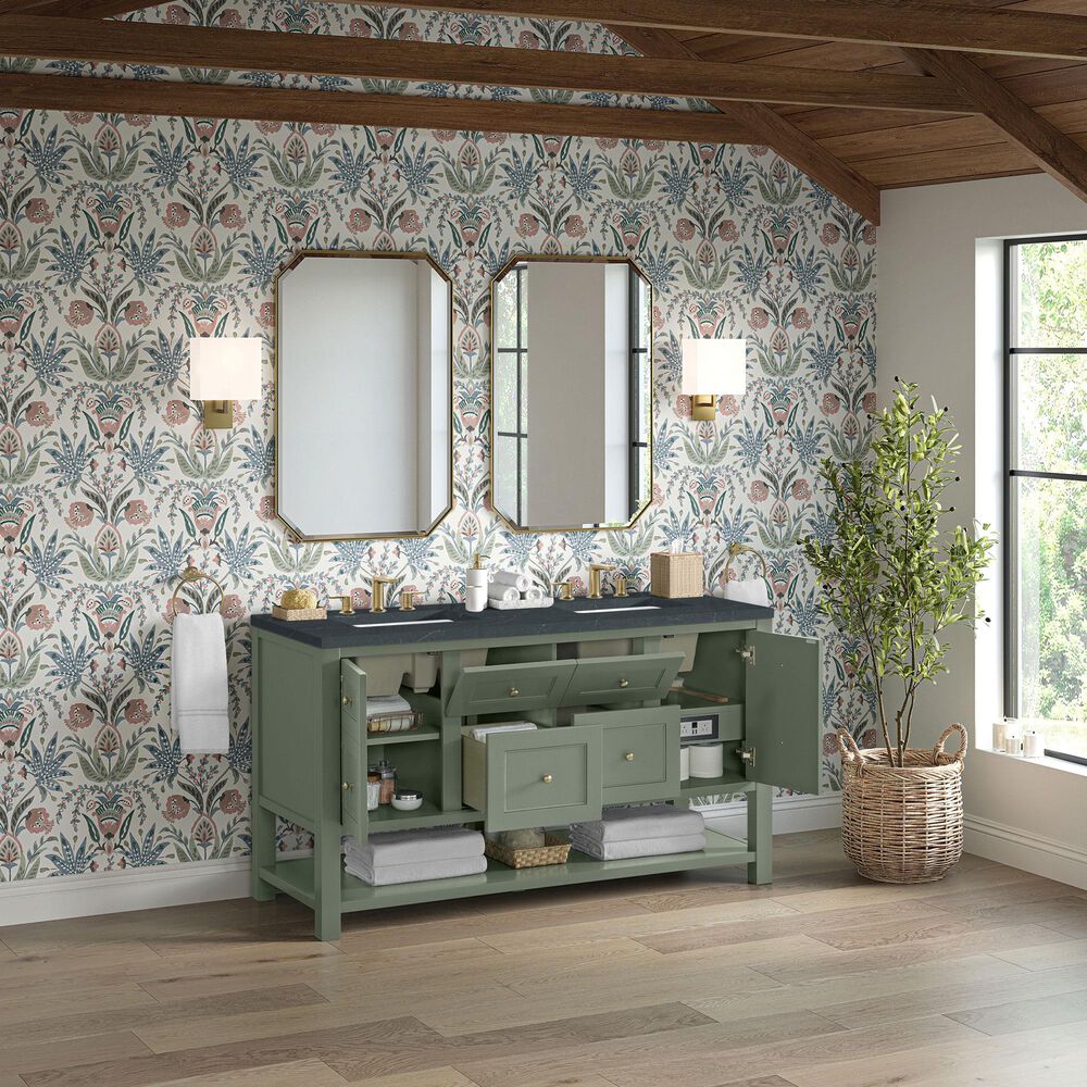 James Martin Vanities Breckenridge 60&quot; Double Bathroom Vanity in Smokey Celadon with 3 cm Charcoal Soapstone Quartz Top and Rectangular Sinks, , large