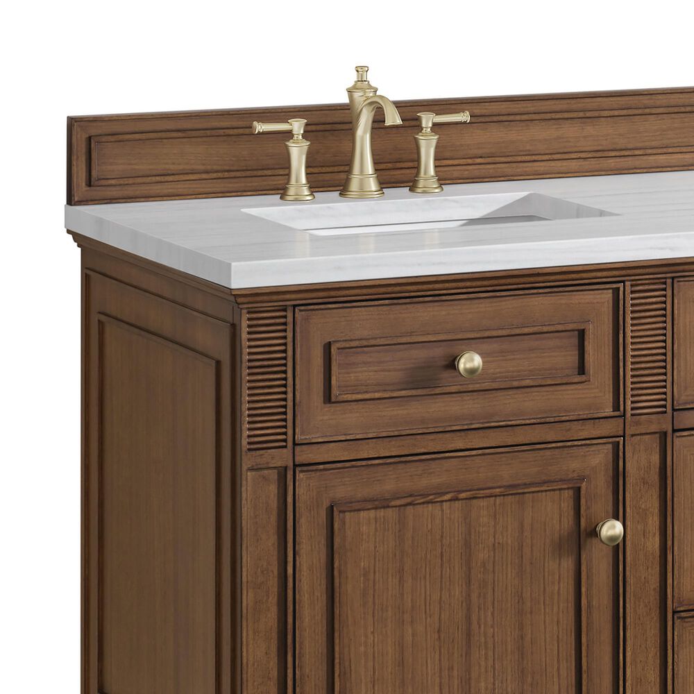 James Martin Vanities Lorelai 60&quot; Double Vanity in Mid-Century Walnut with 3 cm Arctic Fall Solid Surface Top, , large