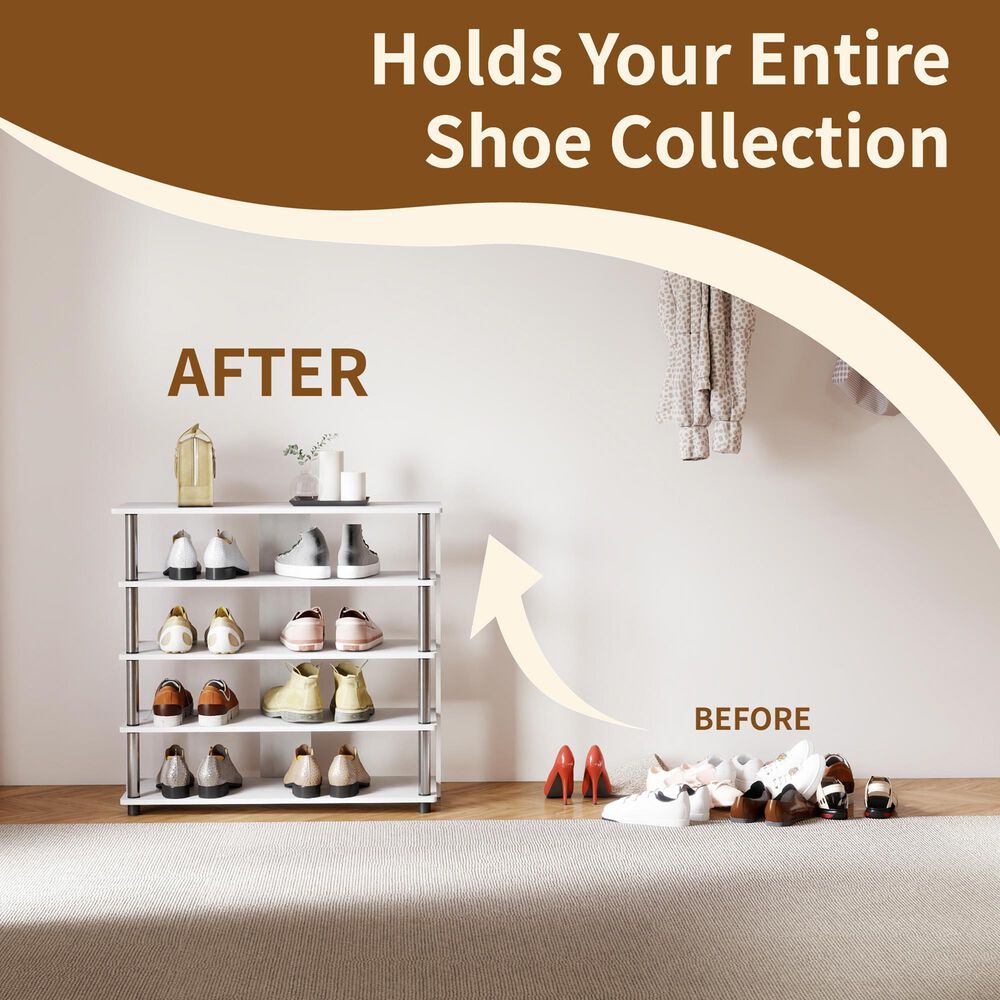 HOMLUX 5-Tier Shoe Rack in White Oak and Stainless Steel, , large