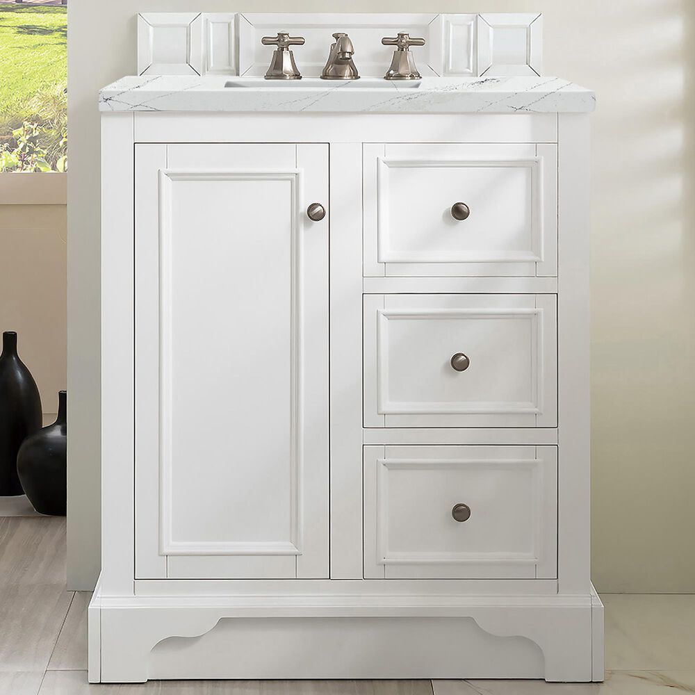 James Martin Vanities De Soto 30&quot; Single Bathroom Vanity in Bright White with 3 cm Ethereal Noctis Quartz Top and Rectangular Sink, , large