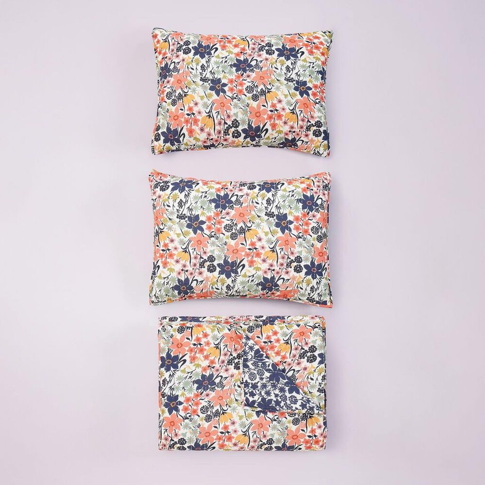 Peking Handicraft Marsh Hens 3-Piece King Floral Quilt Set in Coral, Pink, Green and Navy, , large