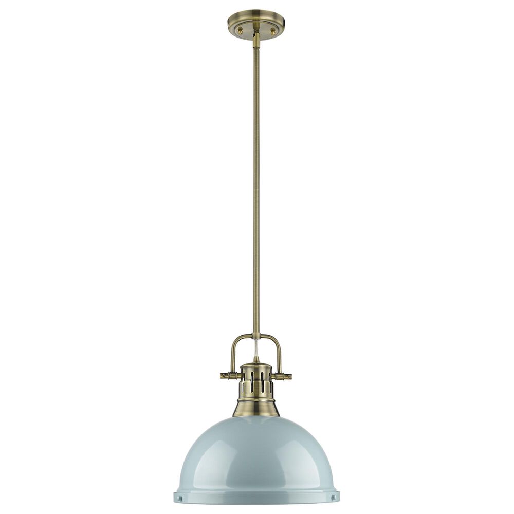 Golden Lighting Duncan 1-Light Pendant with Rod and Seafoam Shade in Aged Brass, , large