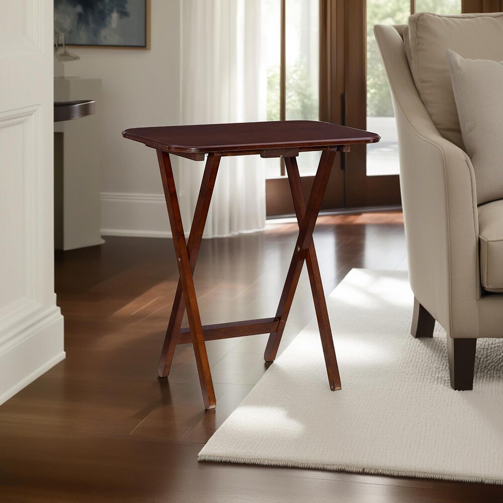 Linon Home Decor Burke Folding TV Tray Table Set with Stand in Dark Cherry and Chrome (Set of 4), , large