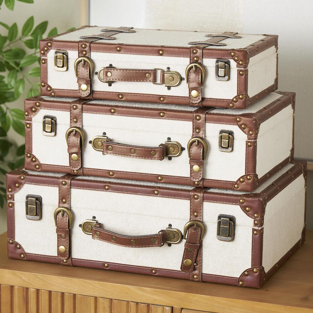 Maple and Jade 3-Piece Vintage Storage Decorative Trunk in Light Gray and Brown, , large