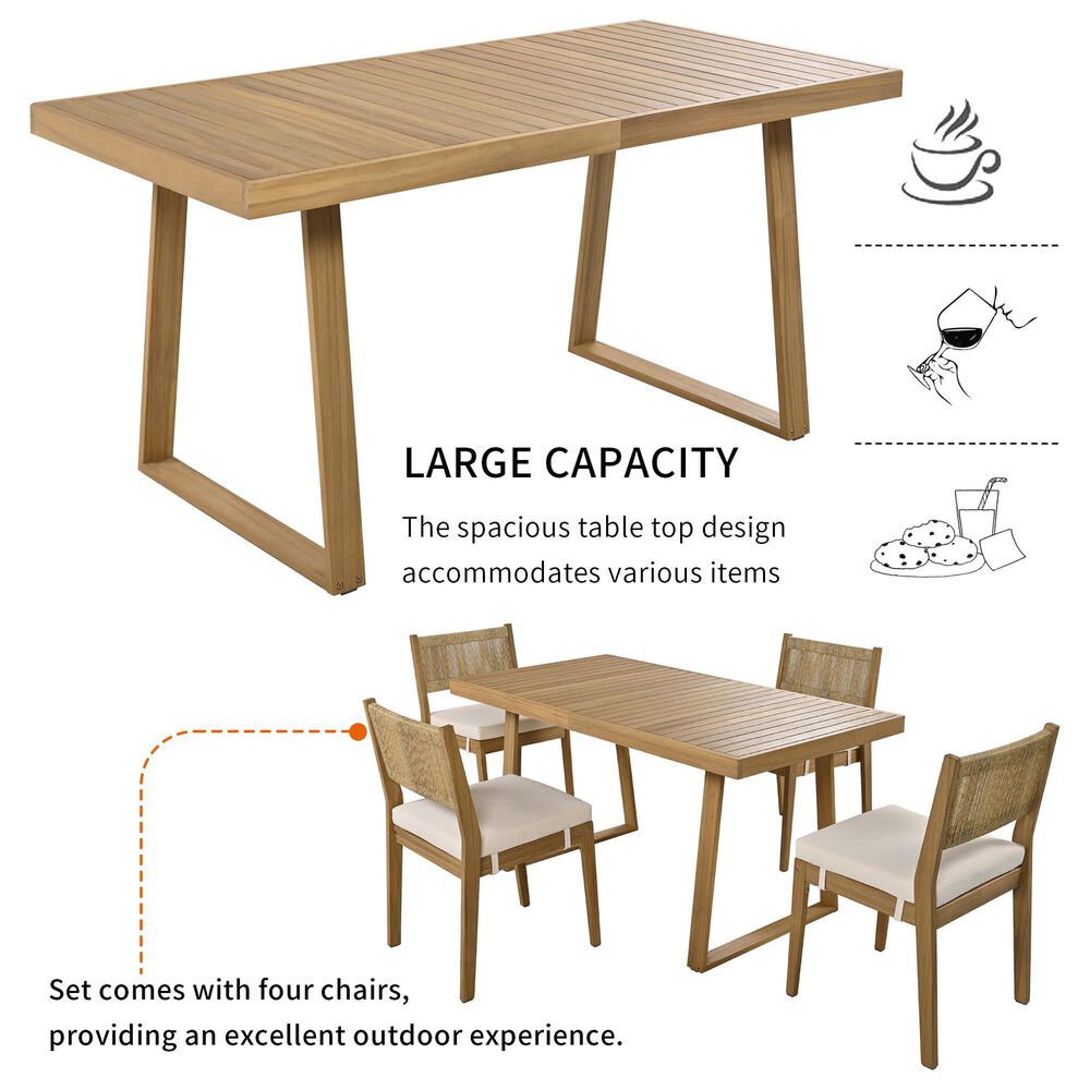 Hearth and Haven 5-Piece Outdoor Wooden Dining Set with U-Leg Table and Cushioned Chairs in Beige, , large