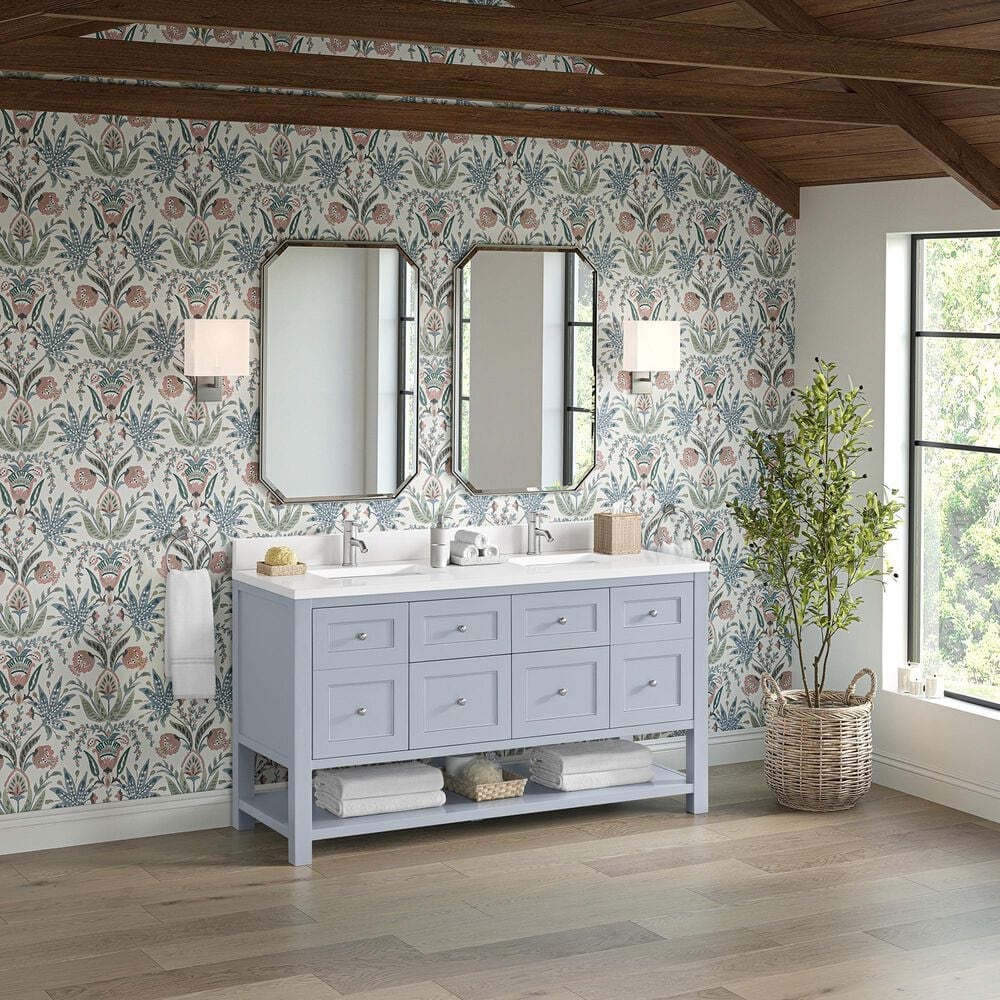 James Martin Vanities Breckenridge 60&quot; Double Bathroom Vanity in Serenity Blue with Single Hole 3 cm White Zeus Quartz Top and Rectangular Sinks, , large