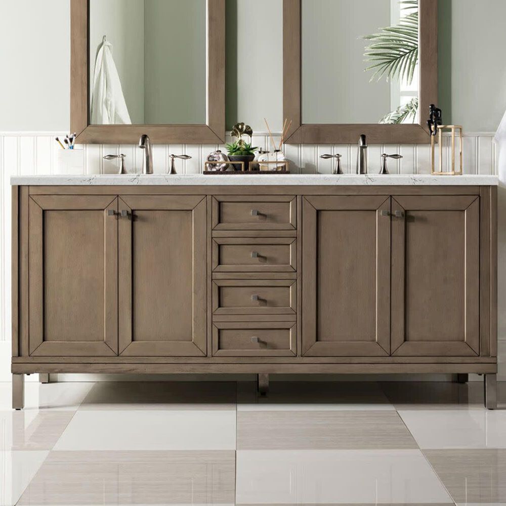 James Martin Vanities Chicago 72&quot; Double Bathroom Vanity in Whitewashed Walnut with 3 cm Eternal Jasmine Pearl Quartz Top and Rectangular Sinks, , large