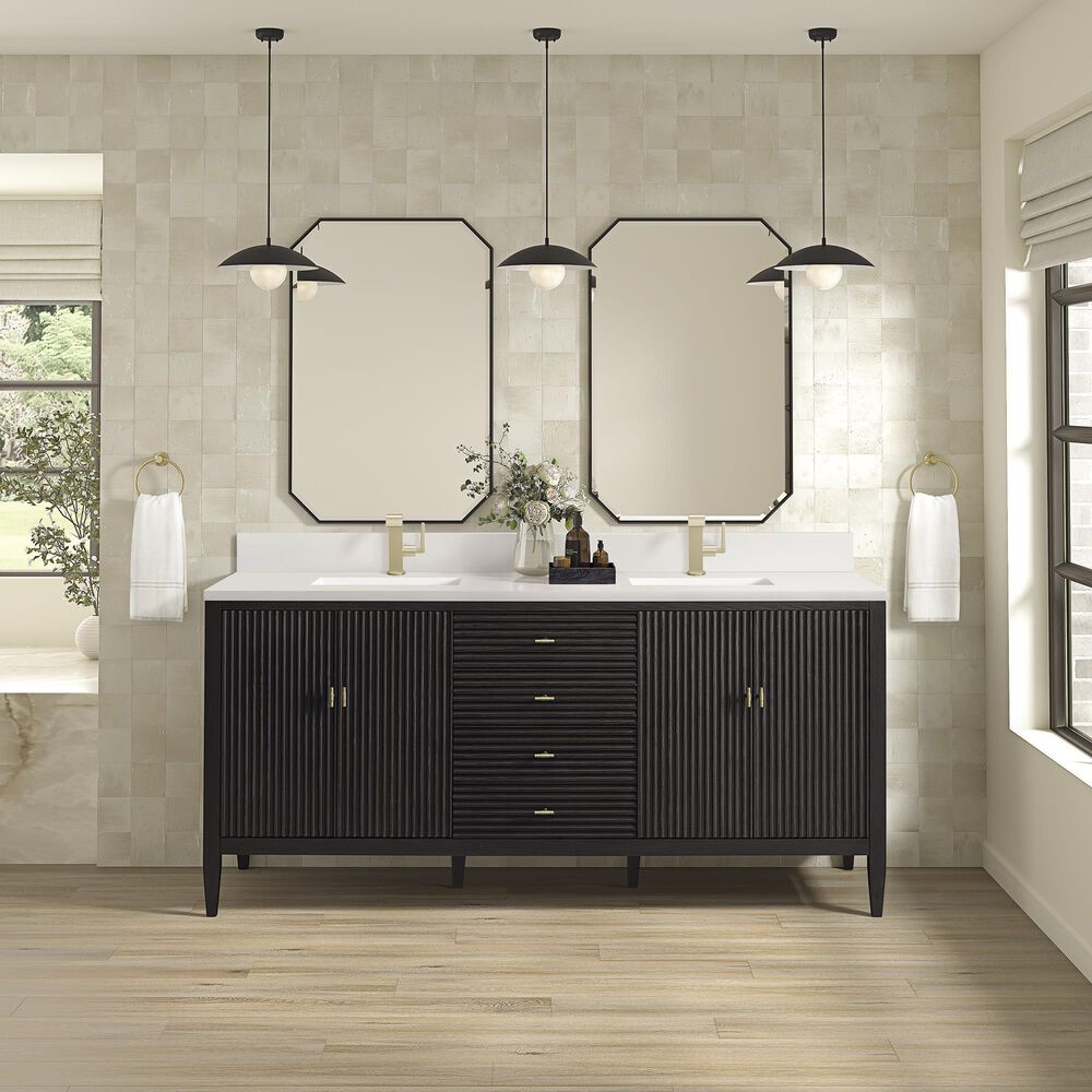James Martin Vanities Myrrin 72&quot; Vanity in Carbon Oak with Single Hole 3 cm White Zeus Quartz Top &amp; Backsplash, , large