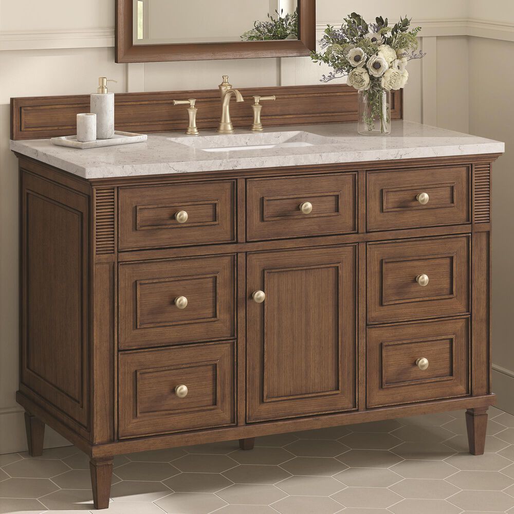 James Martin Vanities Lorelai 48&quot; Single Vanity in Mid-Century Walnut with 3 cm Eternal Jasmine Pearl Quartz Top, , large