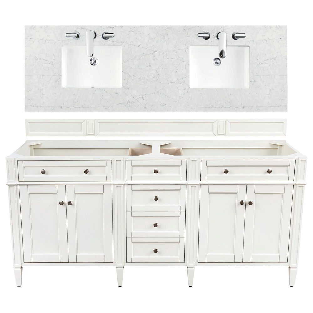 James Martin Vanities Brittany 72" Double Bathroom Vanity in Bright White with 3 cm Eternal Jasmine Pearl Quartz Top and Rectangle Sinks, , large