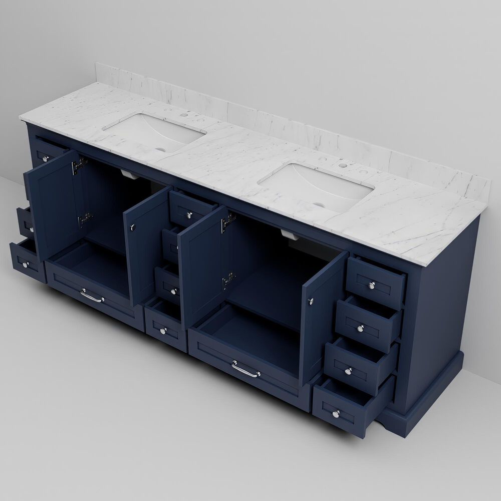 Lexora Home Dukes 84&quot; Double Bathroom Vanity in Navy Blue with 2 cm White Carrara Marble Top and Rectangular Sinks, , large