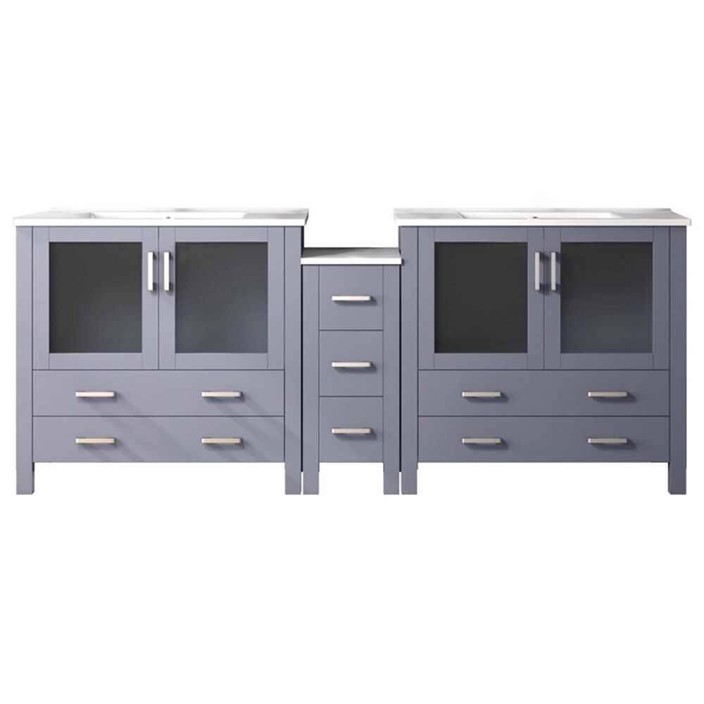 Lexora Home Volez 84&quot; Double Bathroom Vanity in Dark Grey with 2 cm White Ceramic Top, Rectangular Sinks and Side Cabinet, , large