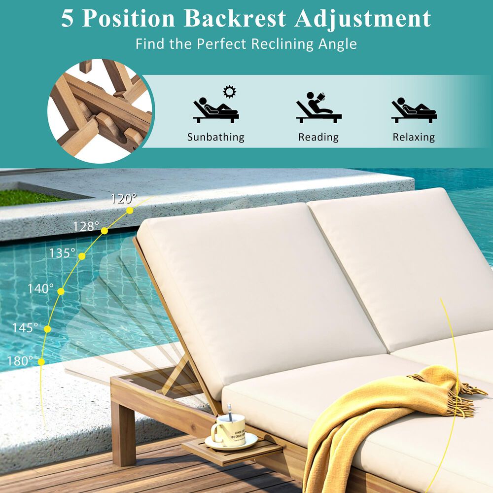 HOMLUX Patio 2-Person Chaise Lounge with Folding Side Tables and Light Teak Frame in Beige, , large