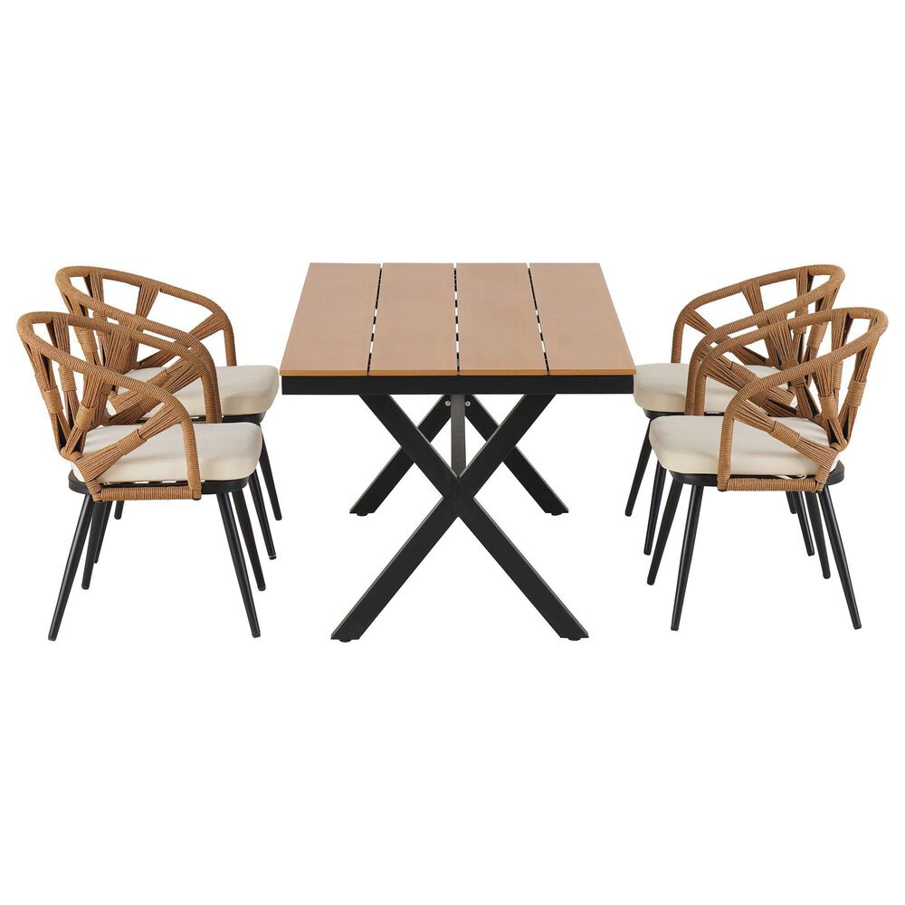 Hearth and Haven 5-Piece Outdoor Dining Set with Dark Yellow Rattan Chairs and Plastic Wood Table in Beige, , large