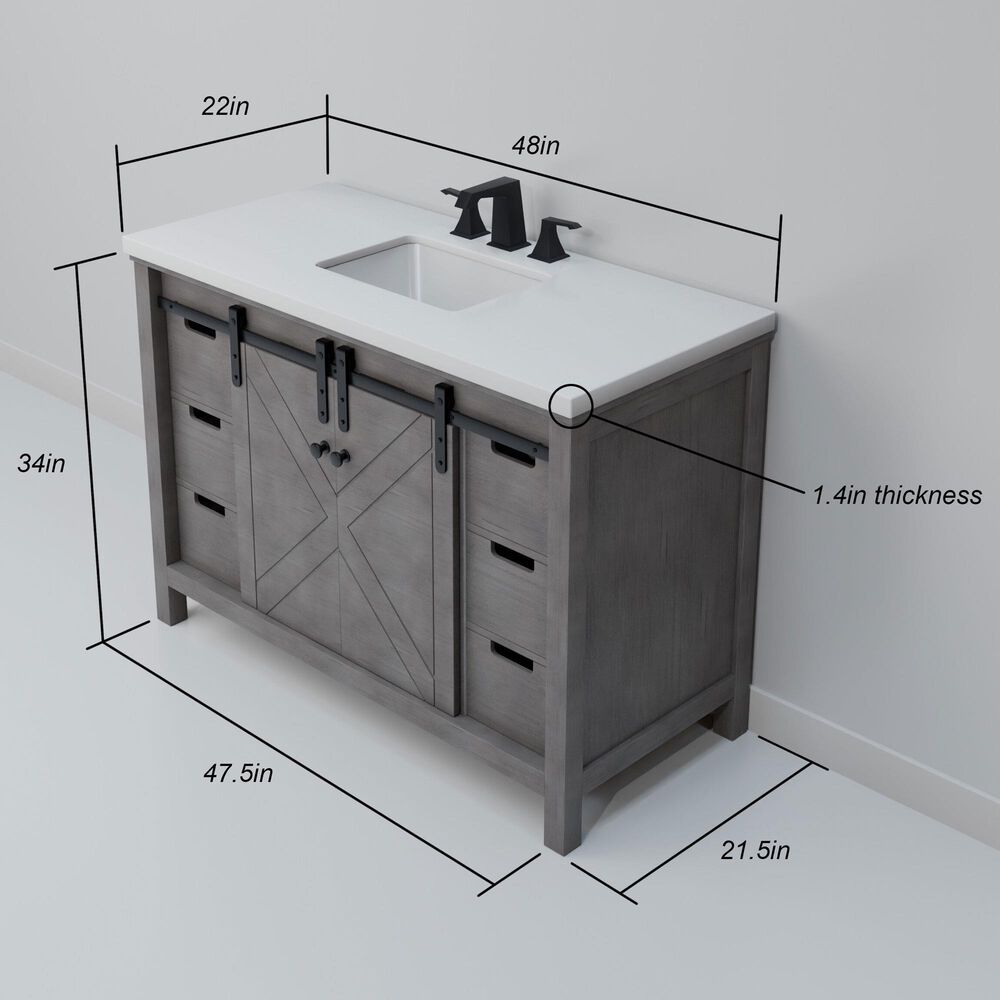 Lexora Home Marsyas 48" Single Bathroom Vanity in Ash Grey with White Quartz Top and Rectangular Sink, , large