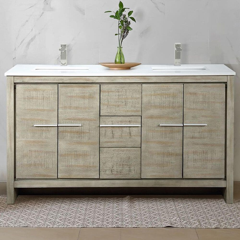 Lexora Home Lafarre 60&quot; Double Bathroom Vanity in Rustic Acacia with 2 cm White Cultured Marble Top and Rectangular Sinks, , large