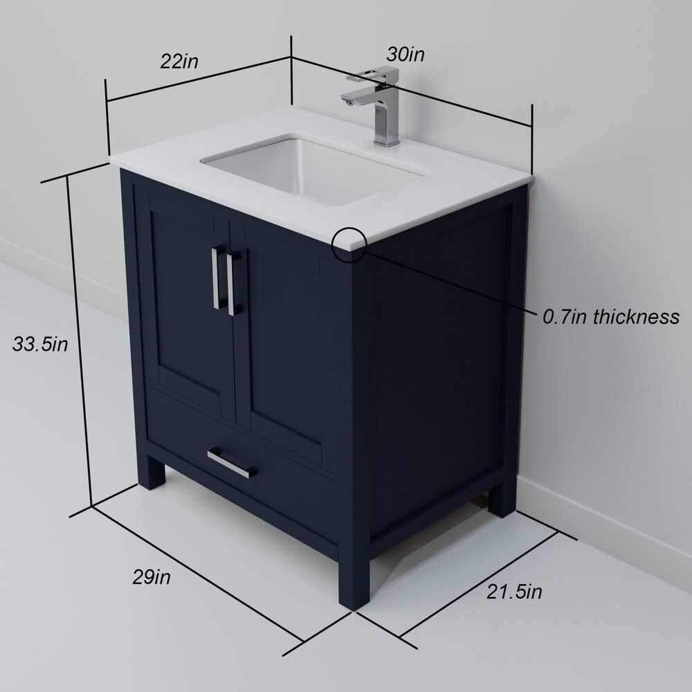 Lexora Home Jacques 30" Single Bathroom Vanity in Navy Blue with 2 cm White Quartz Top and Rectangular Sink, , large