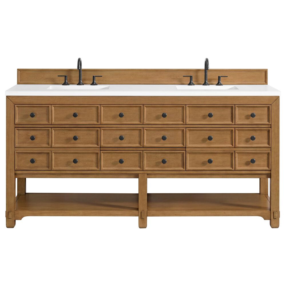 James Martin Vanities Malibu 72" Double Bathroom Vanity in Amber Birch with 3 cm White Zeus Quartz Top and Rectangular Sinks, , large