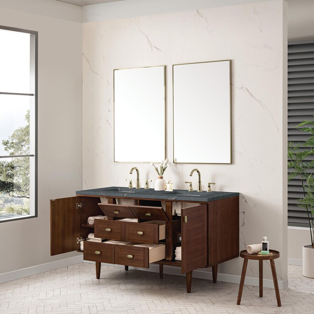 James Martin Vanities Amberly 60&quot; Double Bathroom Vanity in Mid-Century Walnut with 3 cm Parisien Bleu Quartz Top and Rectangular Sinks, , large