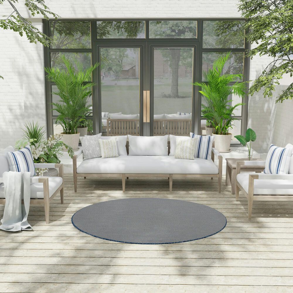 Nourison Courtyard Ivory and Blue 5&#39; Round Indoor/Outdoor Area Rug, , large