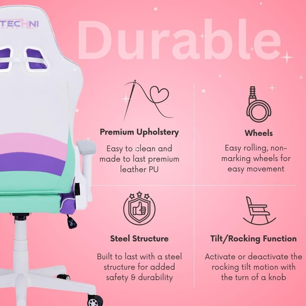 Techni Sport Kawaii Gaming Chair in Purple, Pink, Teal and White, , large