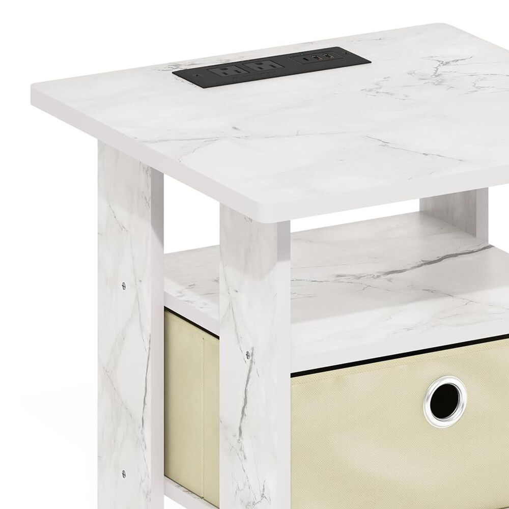HOMLUX USB and Type-C Port Charging Station End Table with Ivory Storage Bin in Marble White, , large