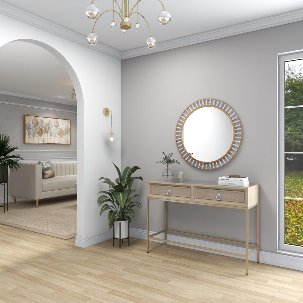 Maple and Jade 32&quot; Round Wall Mirror in Golden Brown and White, , large