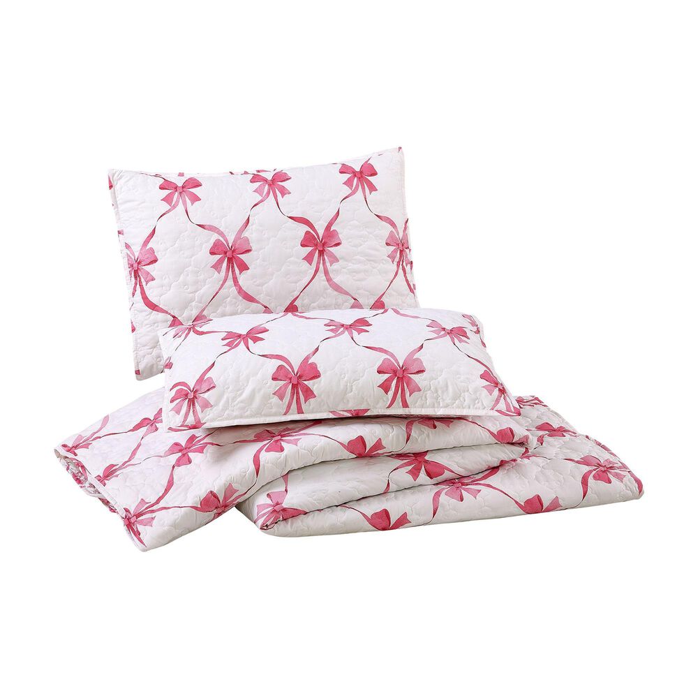 Peking Handicraft Abigail 2-Piece Bow Twin Quilt Set in Pink and White, , large