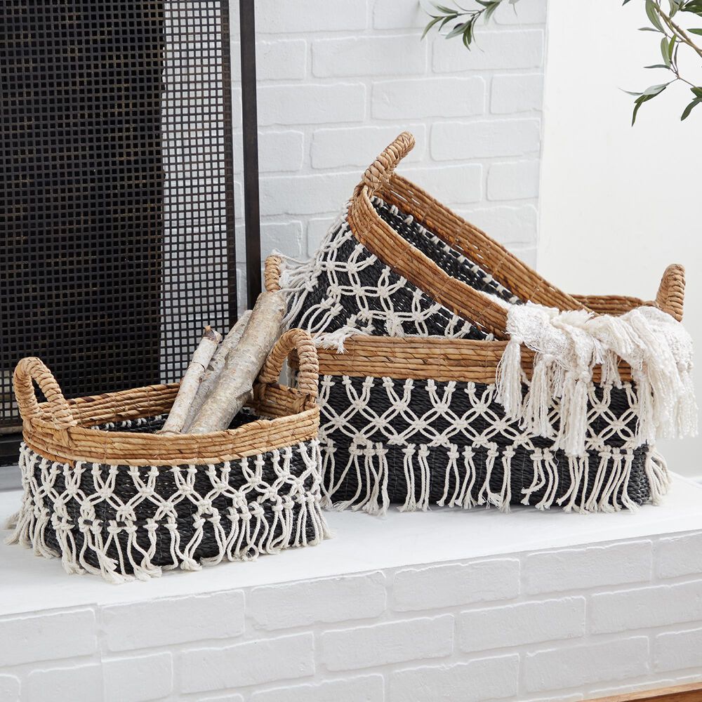 Maple and Jade Bohemian Banana Leaf Storage Basket in Ebony Black and Tawny Brown &#40;Set of 3&#41;, , large