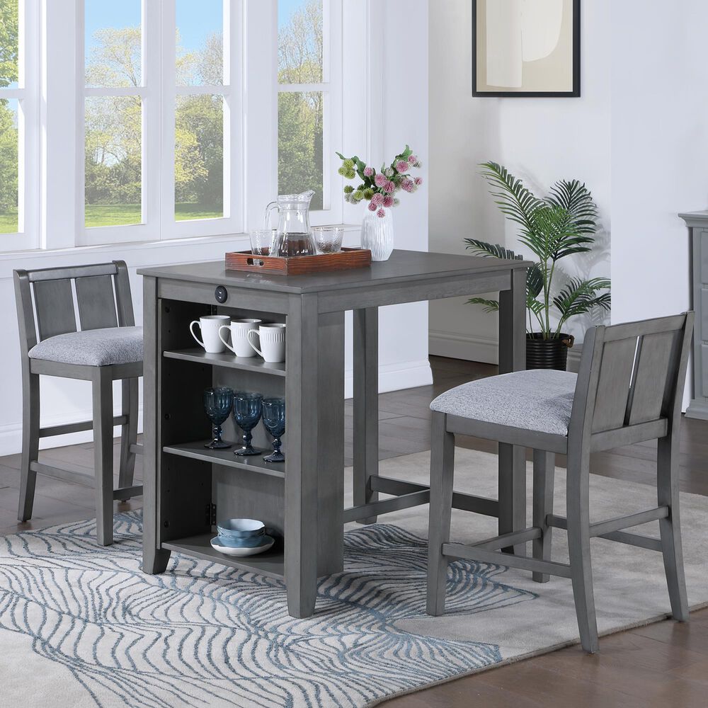 HOMLUX 3-Piece Counter Height Dining Set with Shelves and 2-Chair in Gray, , large