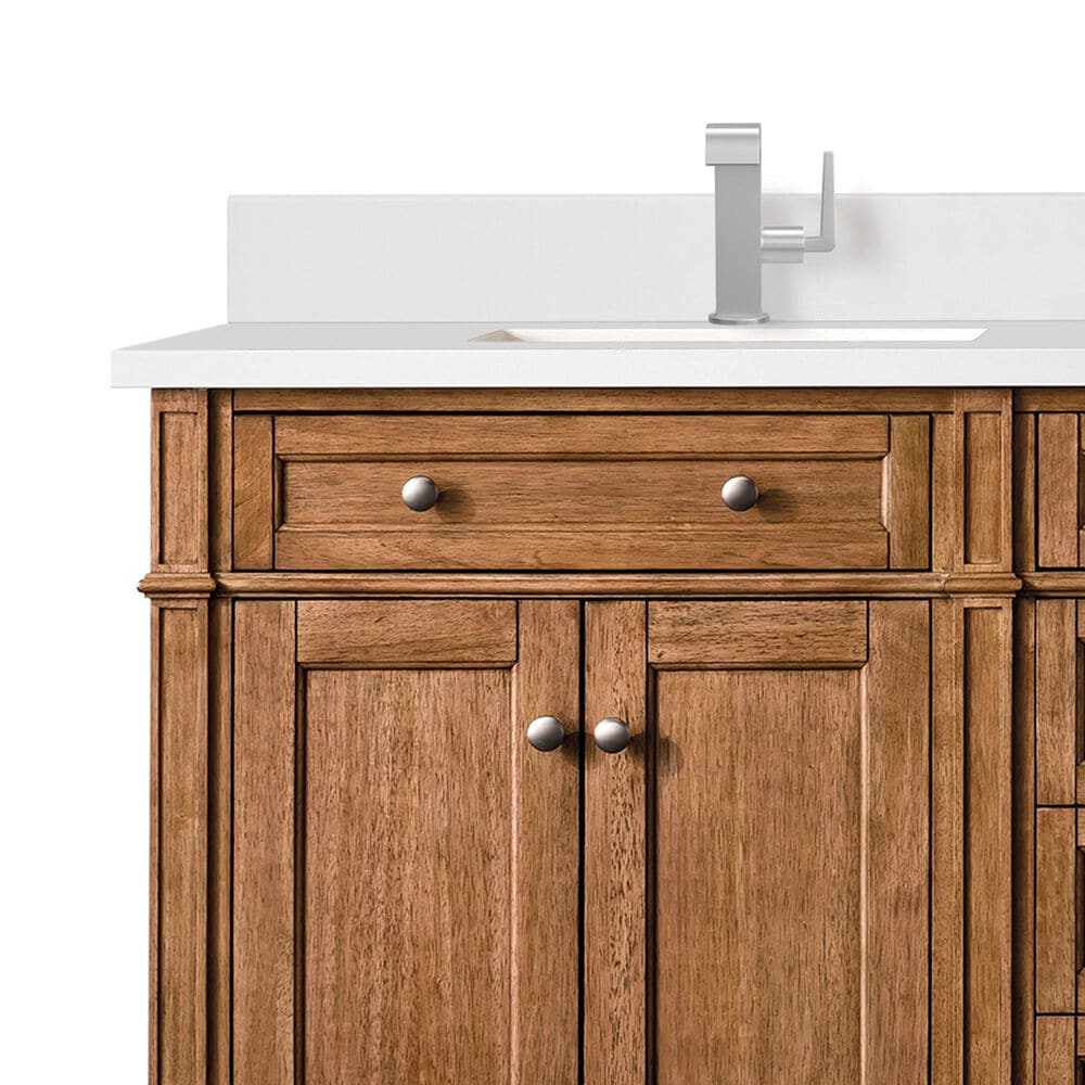 James Martin Vanities Brittany 72&quot; Double Bathroom Vanity in Saddle Brown with Single Hole 3 cm White Zeus Quartz Top and Rectangular Sinks, , large