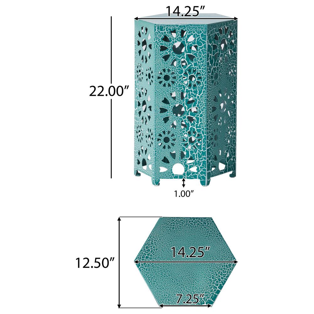 Hearth and Haven Galore 14" Outdoor Hexagon Metal Side Table with Sunburst Cut Out Design in Teal, , large