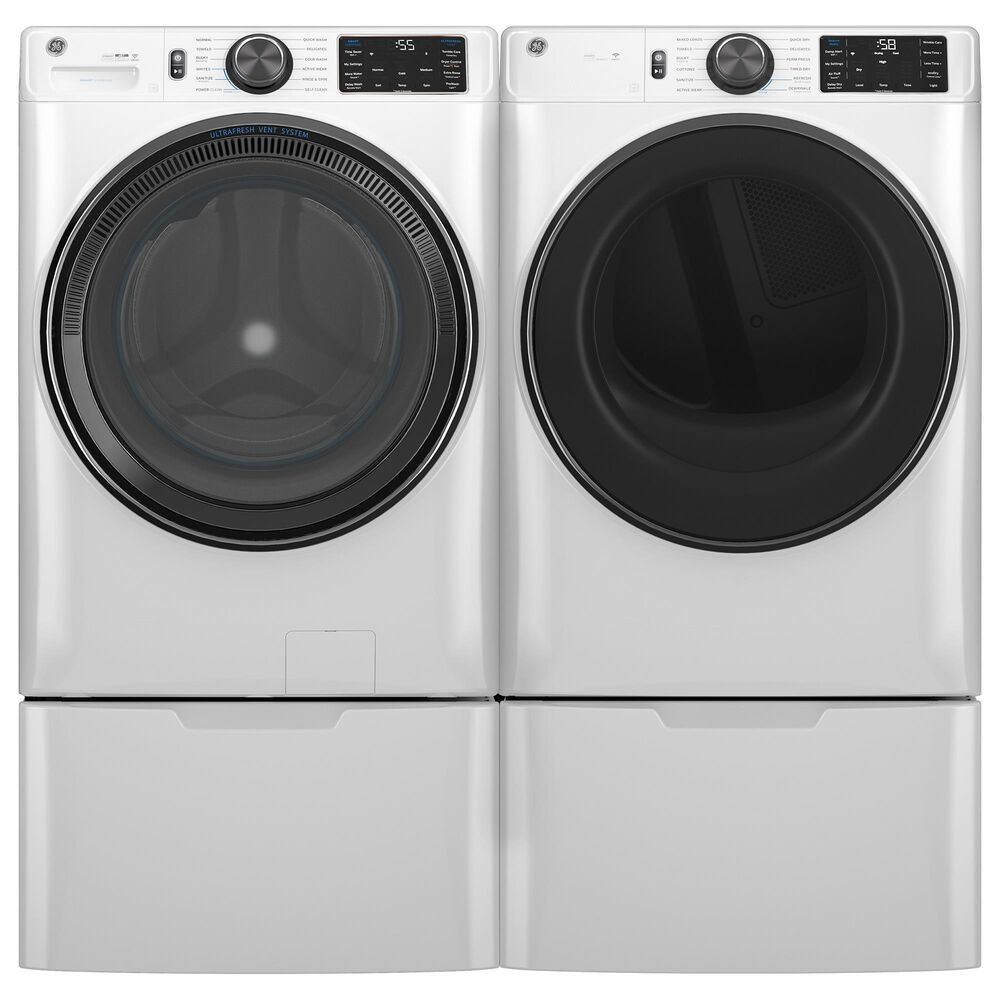 GE Appliances 5 Cu. Ft. Front Load Washer and 7.8 Cu. Ft. Electric Dryer Laundry Pair with 16" Pedestal in White, , large