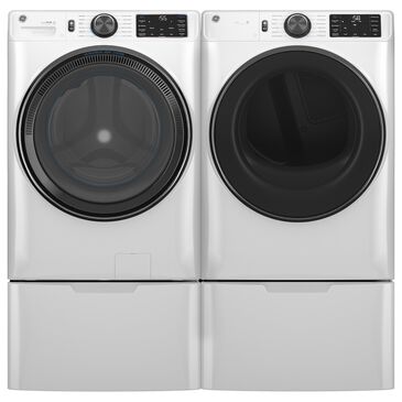 GE Appliances 5 Cu. Ft. Front Load Washer and 7.8 Cu. Ft. Electric Dryer Laundry Pair with 16" Pedestal in White, , large