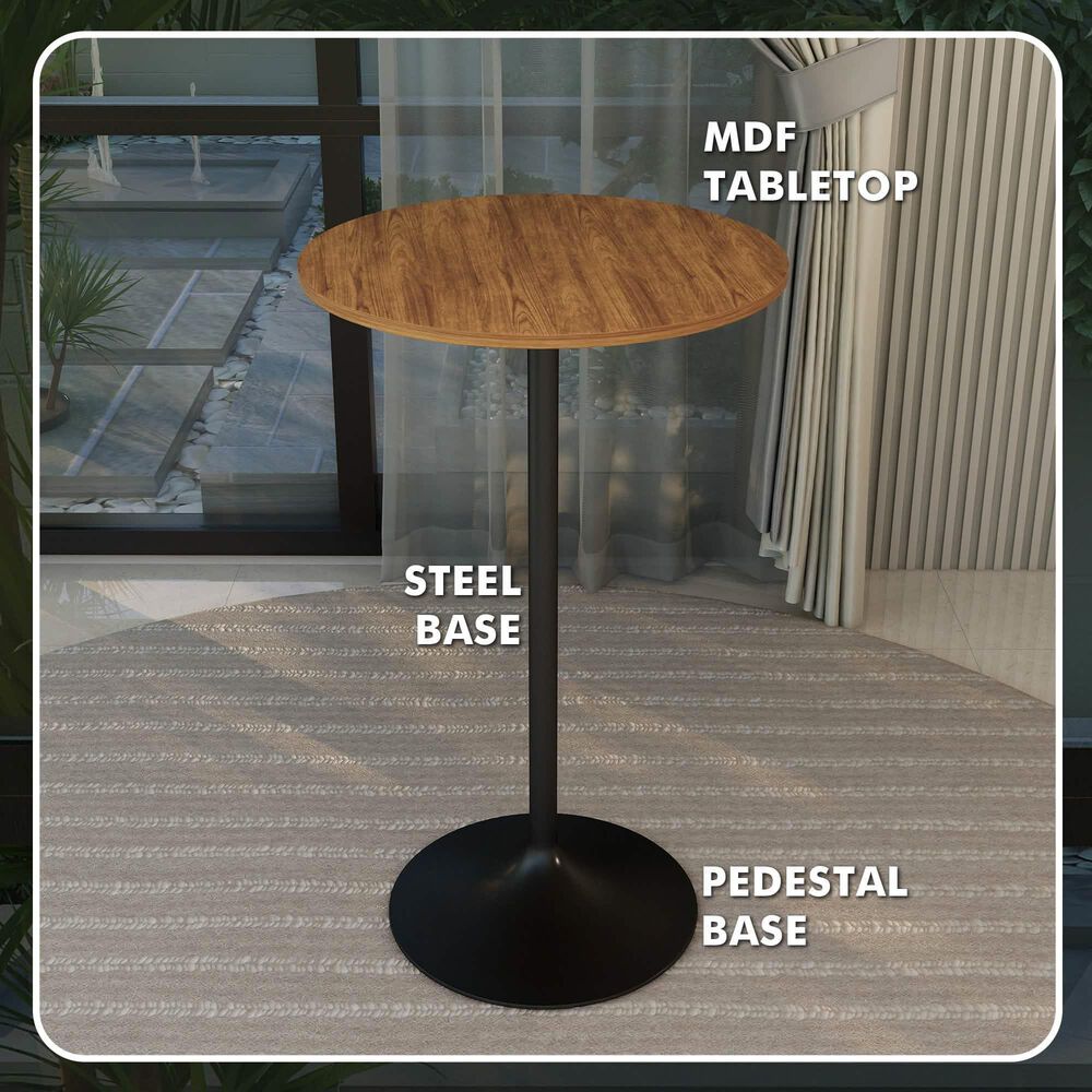 Leisuremod LeisureMod Verve Collection Modern Bar Height Table Black Base with 27 Round Cognac Brown MDF Top, , large