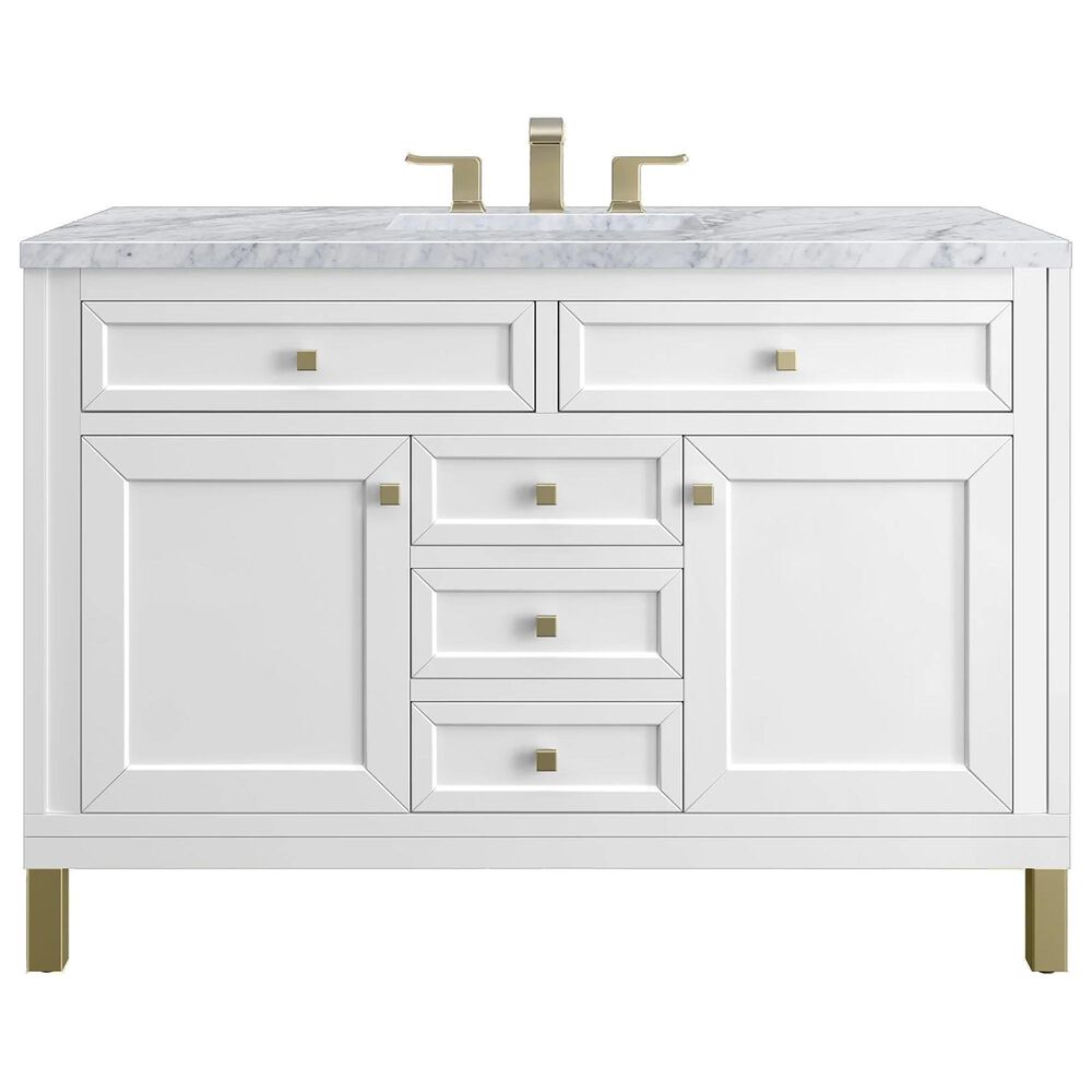 James Martin Vanities Chicago 48" Single Bathroom Vanity in Glossy White with 3 cm Carrara White Marble Top and Rectangular Sink, , large