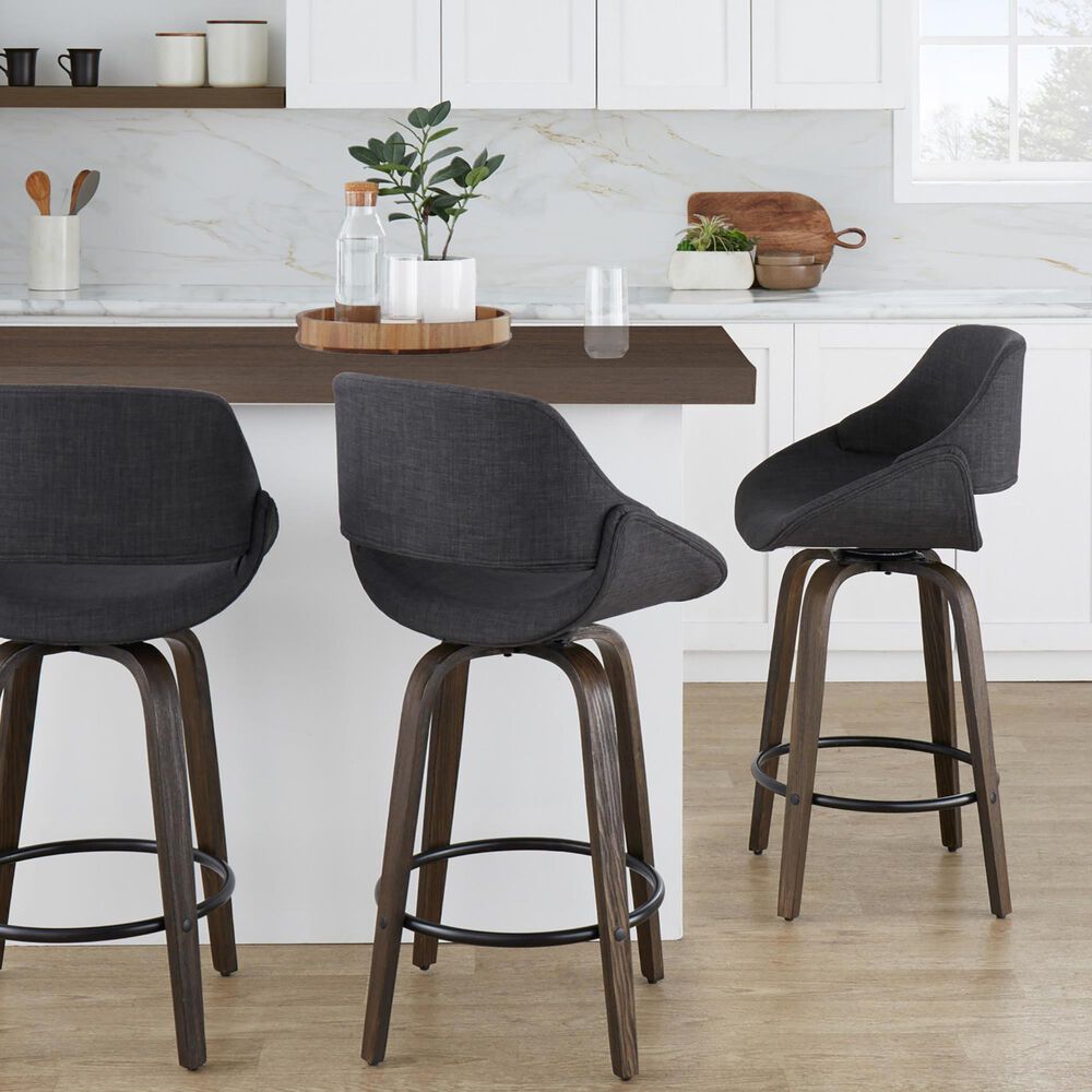 LumiSource Fabrico 26" Swivel Fixed-Height Counter Stool with Charcoal Fabric Upholstery in Black and Glazed Walnut (Set of 2), , large