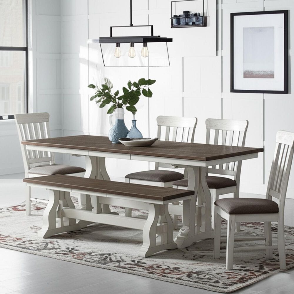 Hawthorne Furniture Drake Large Dining Table 1 Bench and 4 Chairs in Rustic White and French Oak, , large