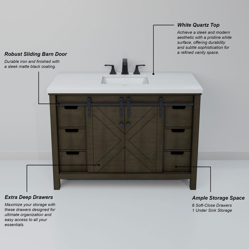Lexora Home Marsyas 48&quot; Single Bathroom Vanity in Rustic Brown with White Quartz Top and Rectangular Sink, , large